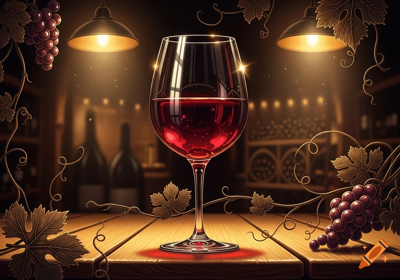 A photorealistic image of a glass of red wine on a wooden table in a dimly lit wine cellar, with grapes and vines.