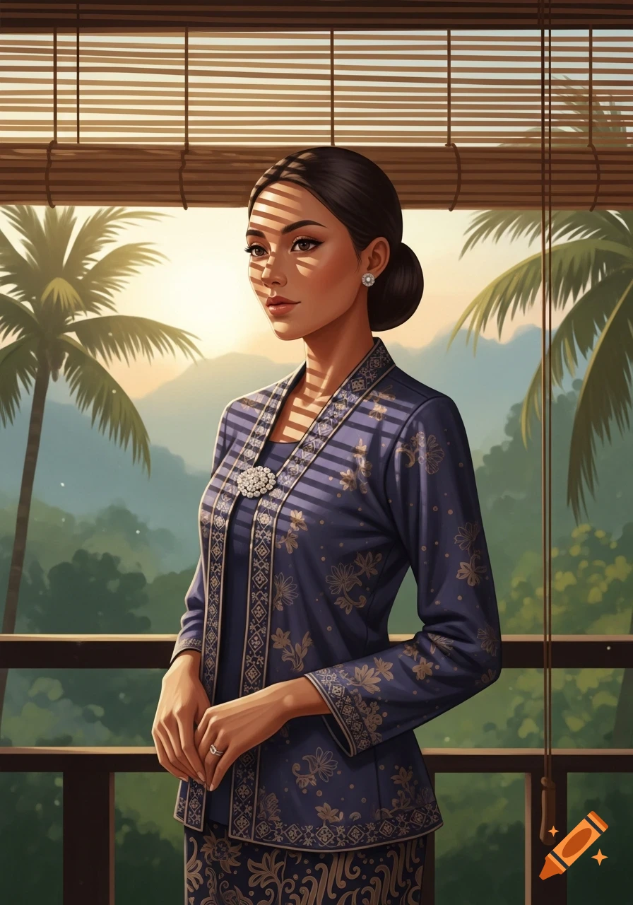 Illustrated portrait of a Malaysian woman in navy traditional attire with gold patterns, on a balcony with tropical scenery and striped shadows.