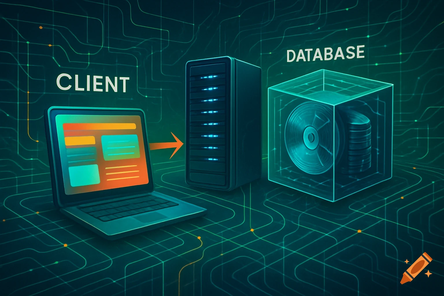 Illustration of web architecture with a laptop (client), server, and database cube connected by lines on a circuit board background.