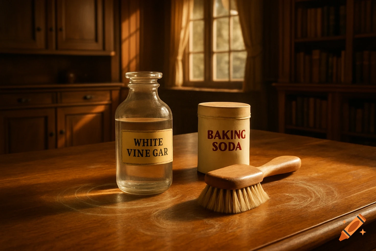 A still life shot of a bottle of white vinegar, a container of baking soda, and a small wooden brush on a wooden table in a dimly lit room with a window and cabinets.