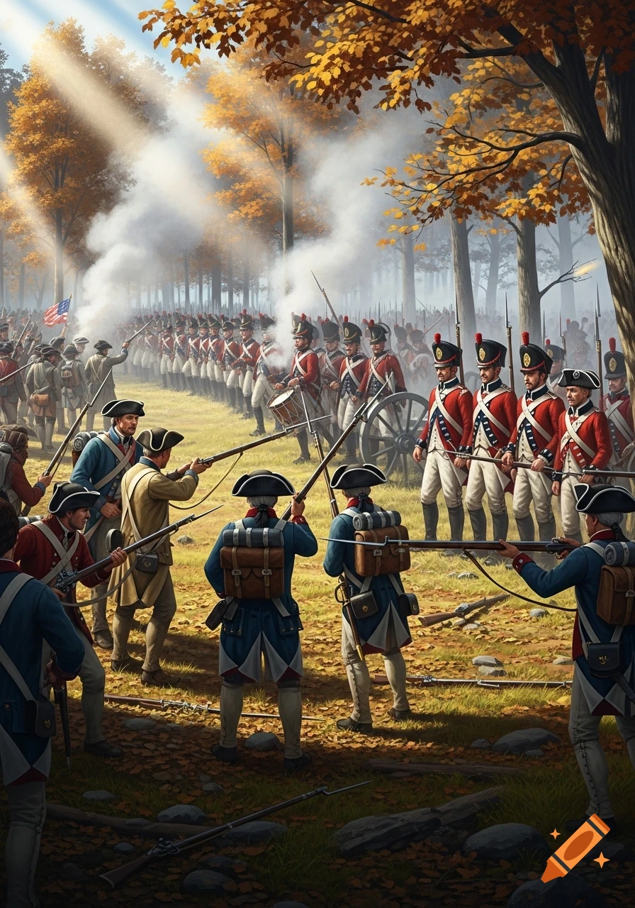 Detailed painting of American and British soldiers in a smoky Revolutionary War battle in an autumn forest.