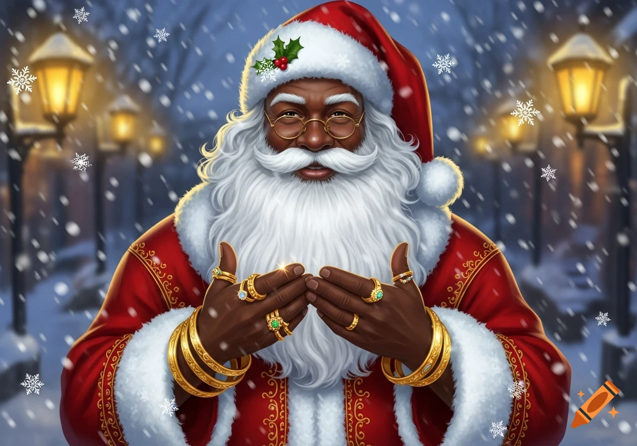 An illustration of a Black Santa Claus wearing a red suit with a white beard, gold rings, and bangles, standing in a snowy night with glowing lanterns.