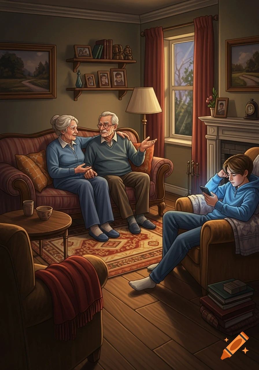 Illustrated scene of grandparents talking on a couch while a teenager sits nearby absorbed in his phone in a cozy living room.