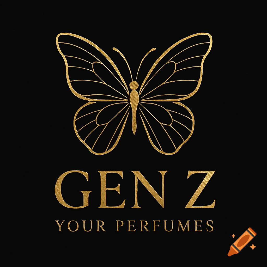 Elegant gold butterfly logo for 'Gen Z your perfumes' on a black background.