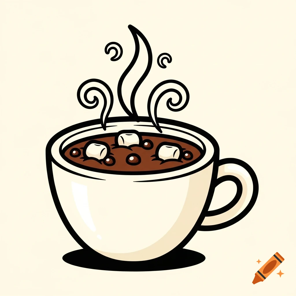 A steaming cartoon hot chocolate in a white mug with marshmallows and black outline.