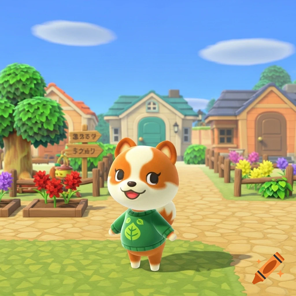 A cute Animal Crossing style Pomeranian character wearing a green leaf sweater stands in a village with houses and trees.