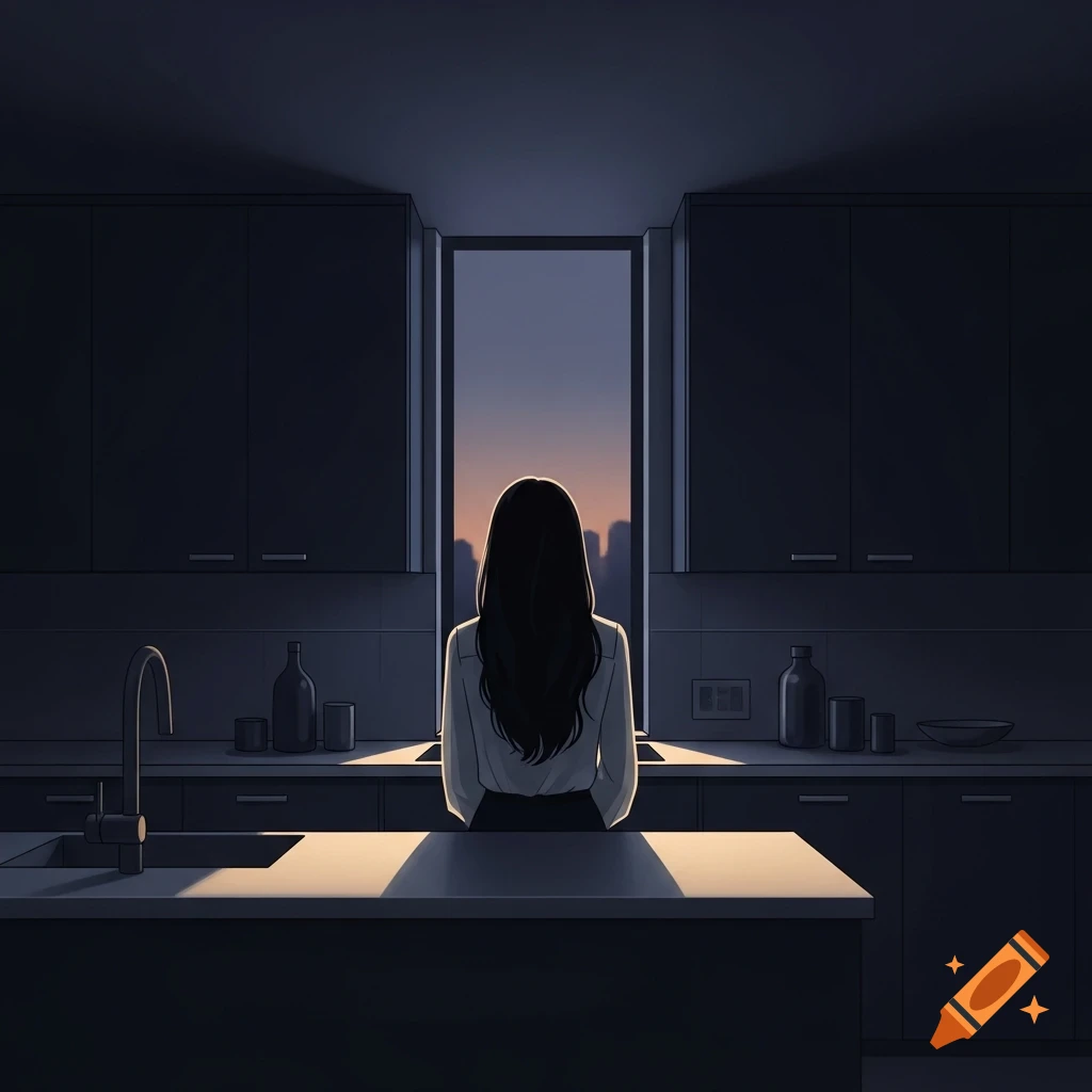 A stylized illustration of a woman with her back turned, standing in a dark kitchen and looking out a window at a city at dusk.