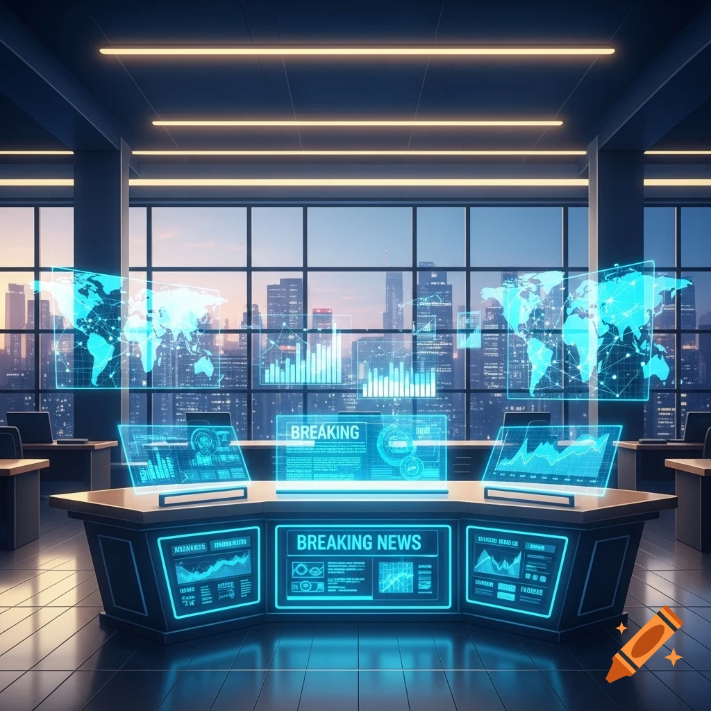 A futuristic newsroom with holographic world maps and data displays over a city skyline at dusk.