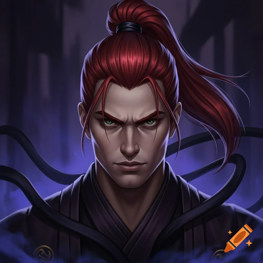 A stern red-haired male shadow monk with a ponytail and green eyes, wearing a dark robe, against a purple background.