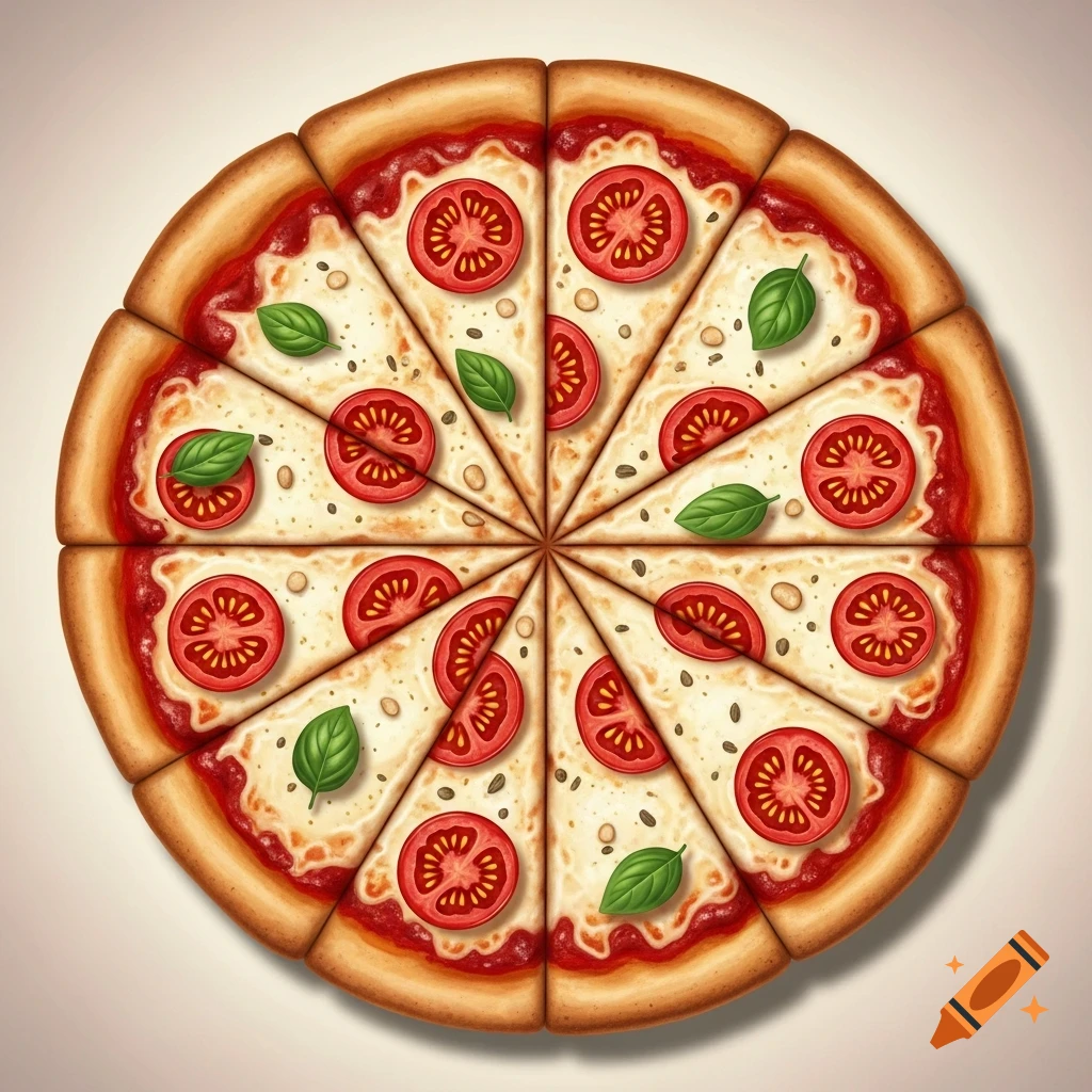 An illustrative overhead view of a whole pizza divided into 10 slices, topped with tomato slices, basil leaves, and cheese.
