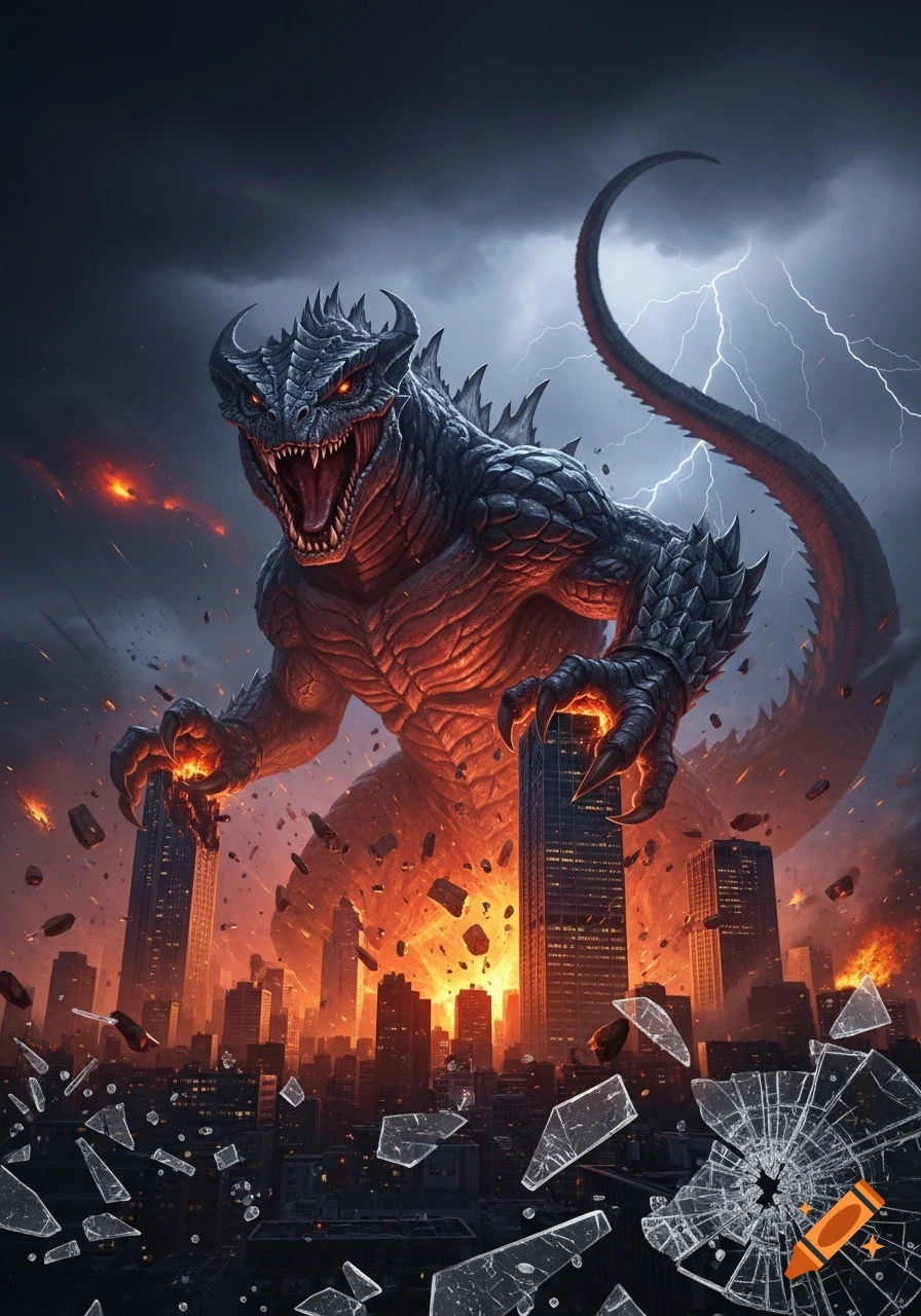 A giant black kaiju with glowing red eyes and horns rampages through a city, with fire, lightning, and shattered glass.