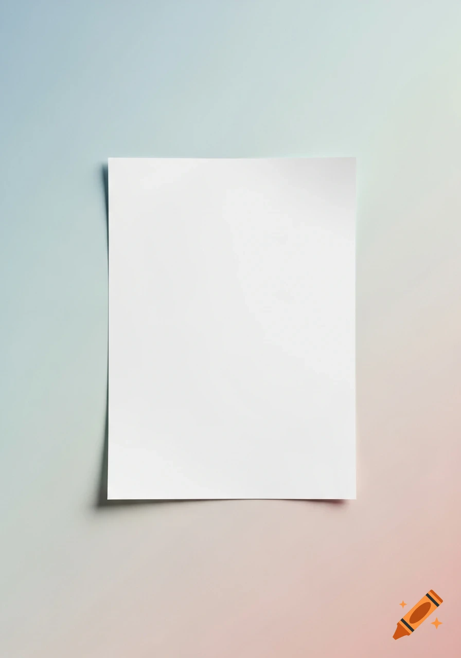 A blank white paper with a subtle curled edge and shadow, set against a soft blue and peach gradient background.