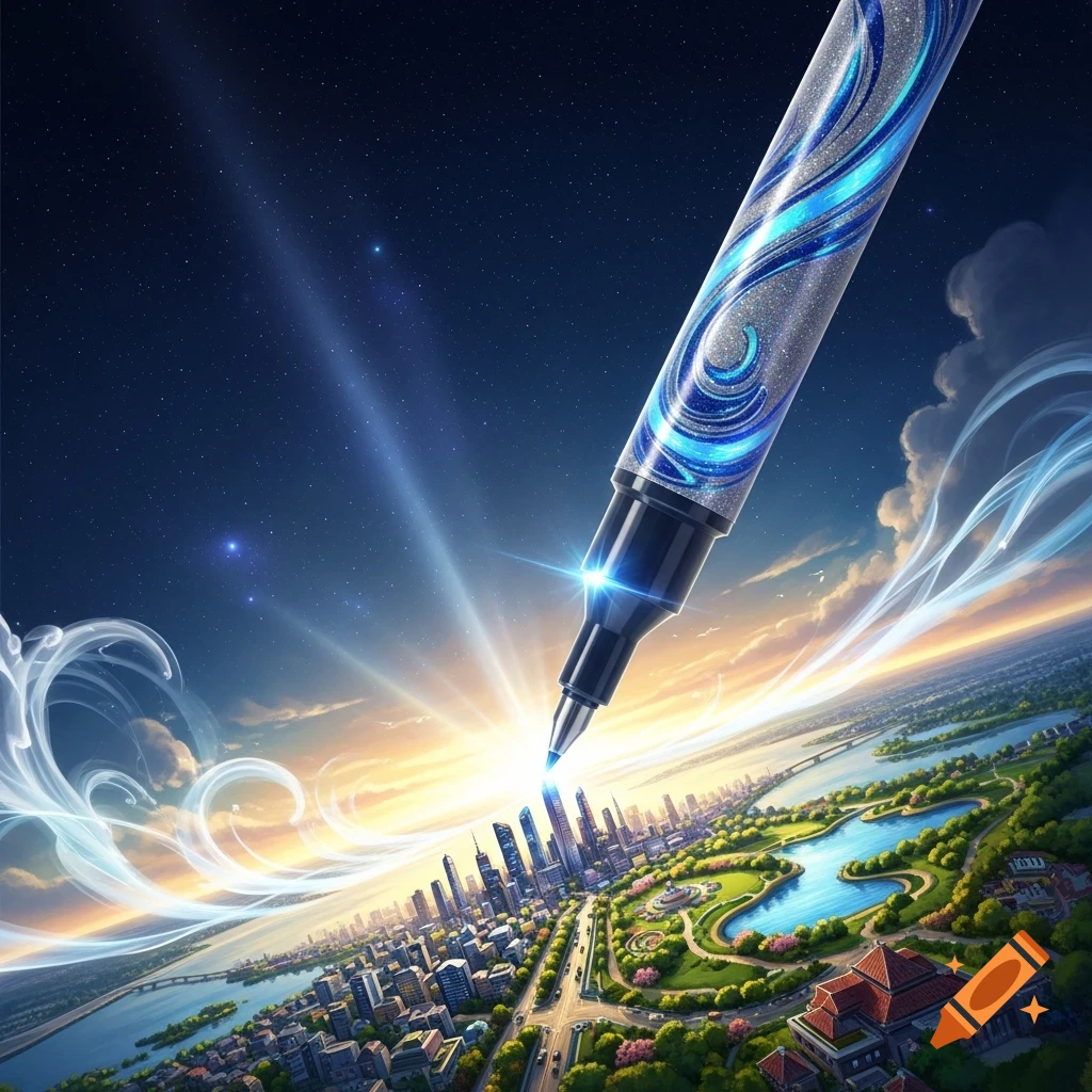 A giant, sparkling blue pen descends from a star-filled sky towards a vibrant cityscape at sunset, emitting a powerful light beam.