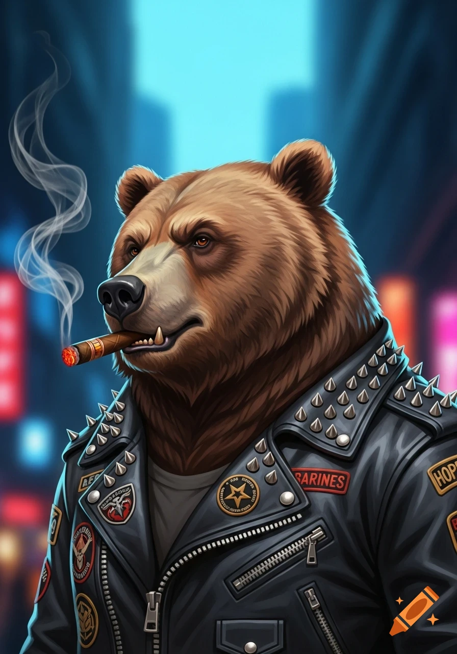 Brown bear in a studded black leather biker jacket smokes a cigar, against a neon city background, digital painting.