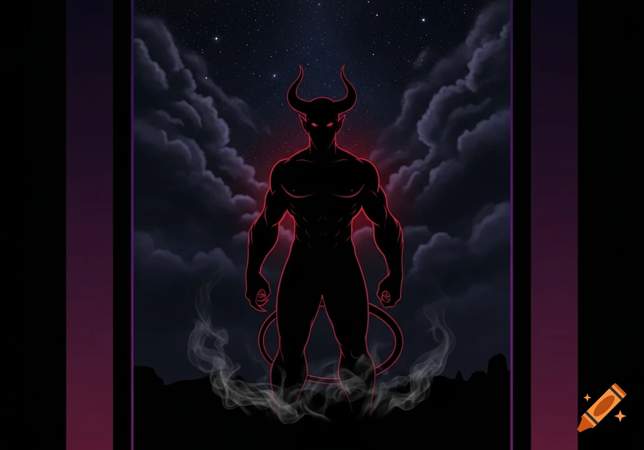 A stylized dark silhouette of a muscular devil with glowing red eyes and horns stands against a starry, cloudy night sky, with smoke around its feet.