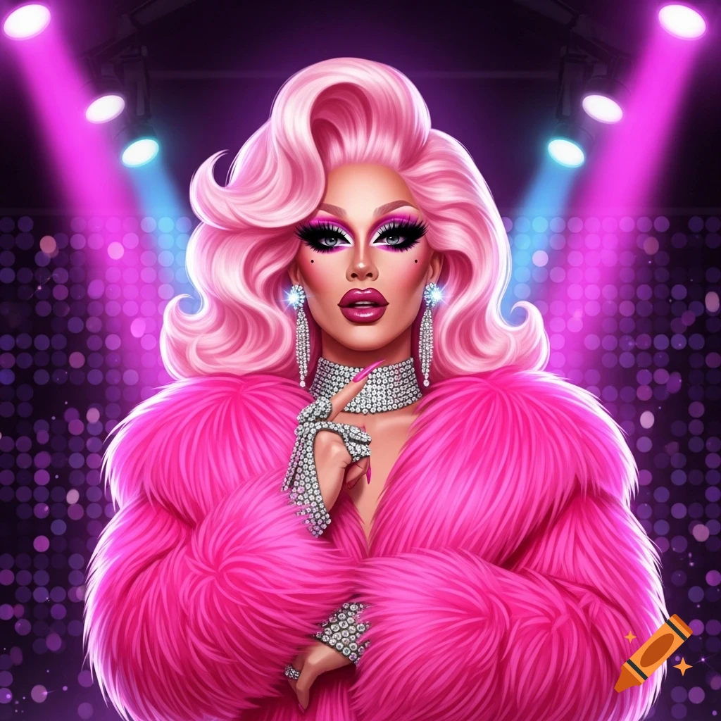 Stylized portrait of a drag queen with voluminous pink hair, a pink fur coat, and sparkling jewelry against a shimmering stage background.