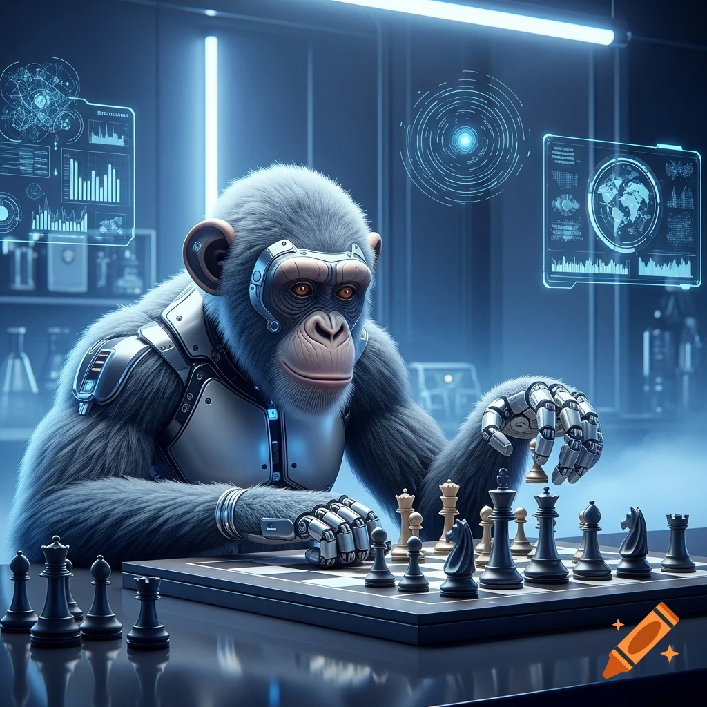 A grey robotic chimpanzee with glowing eyes plays chess on a futuristic table in a dark, tech-filled lab with holographic screens.