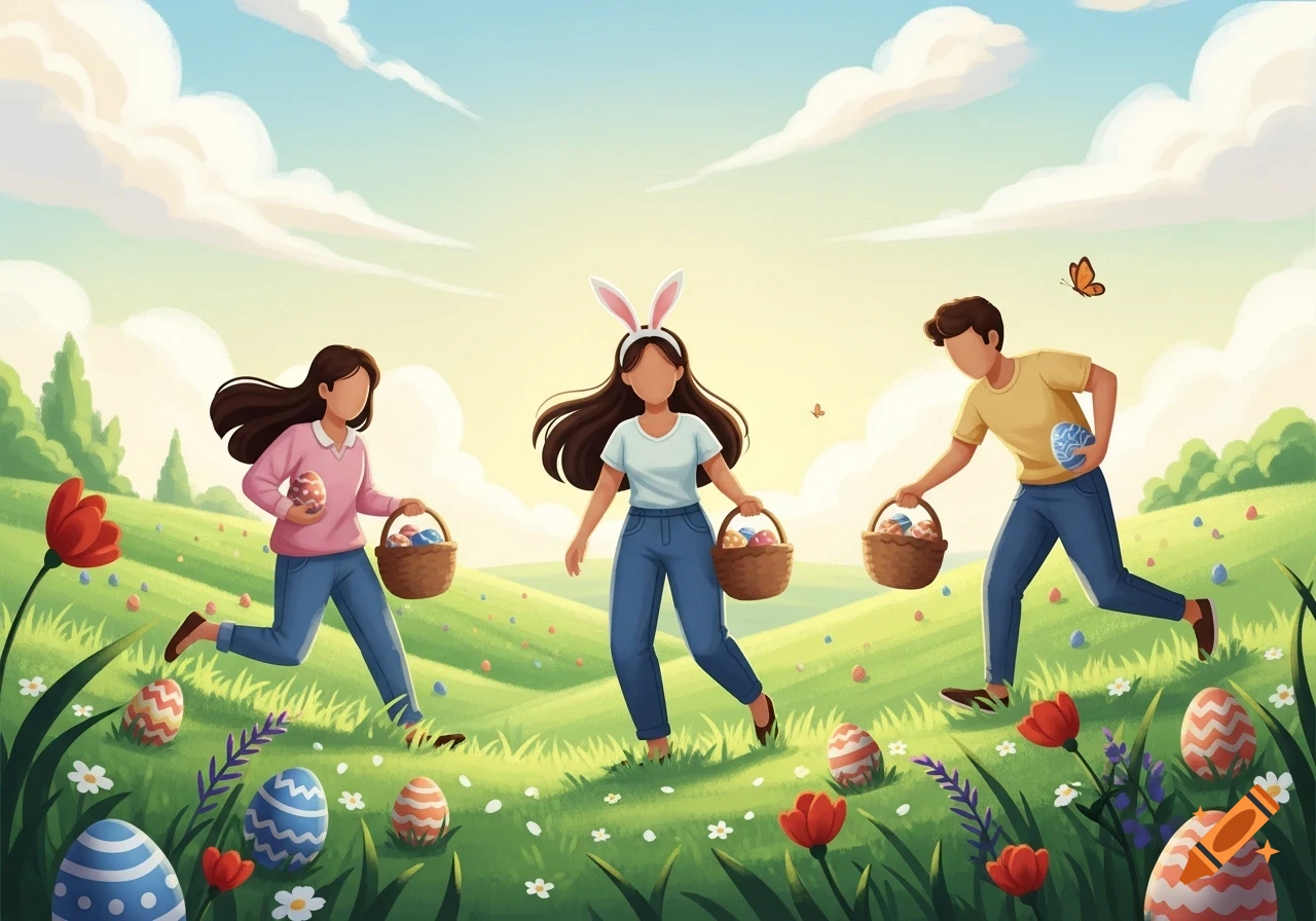 Three people with blank faces egg hunting in a vibrant green field scattered with colorful Easter eggs and flowers, under a bright sky.