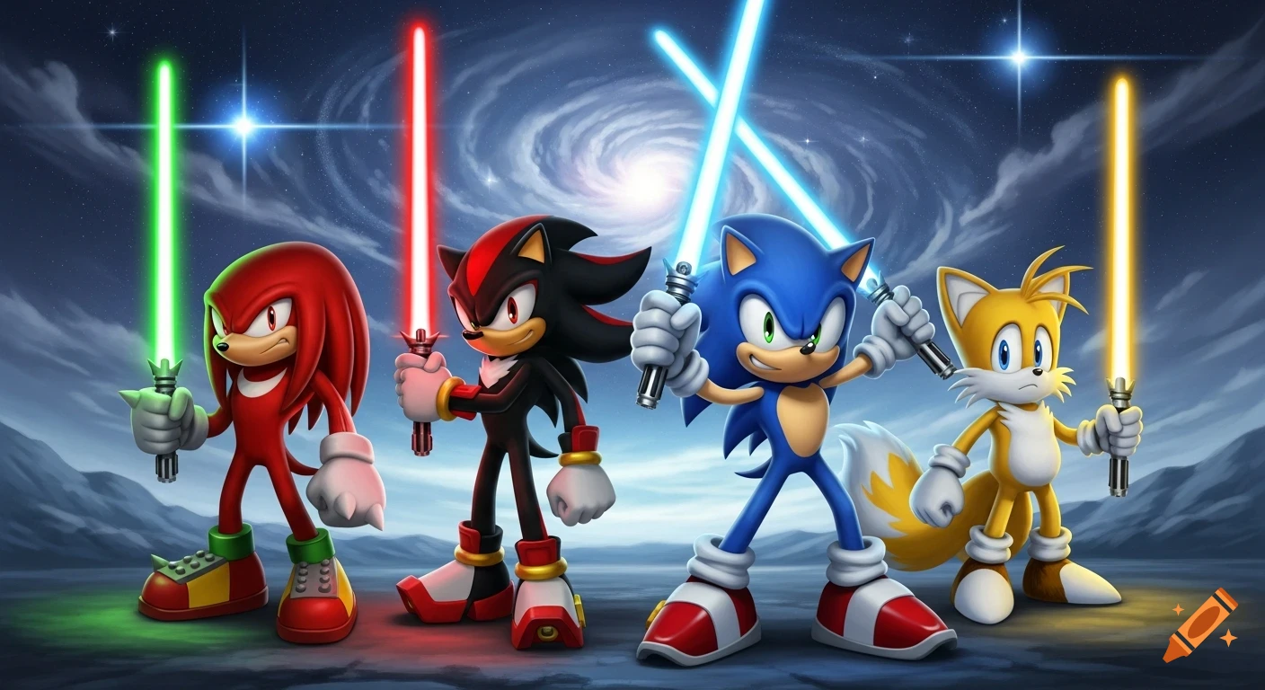 Sonic, Shadow, Knuckles, and Tails stand with lightsabers against a swirling galaxy in space.
