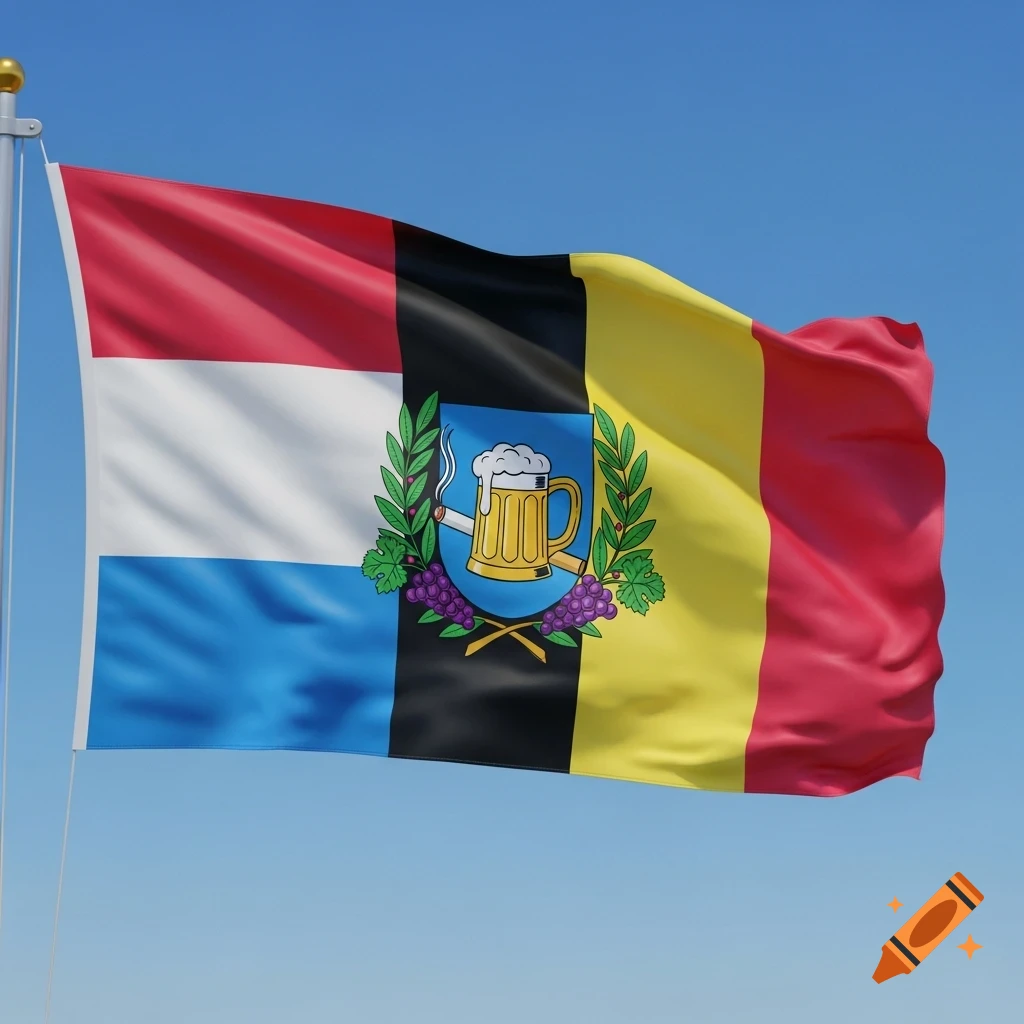 A mixed flag combining Luxembourg's red, white, and light blue stripes with Belgium's black, yellow, and red stripes, featuring a central crest with a beer mug, lit cigarette, grapes, and leaves against a blue sky.