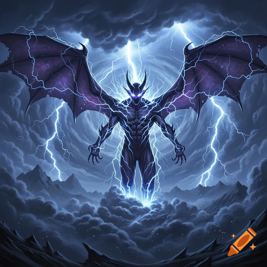 A powerful, winged demon with glowing eyes and horns stands in a dark storm, engulfed by bright blue lightning over mountains.