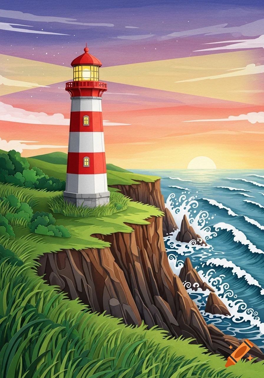 A colorful cardboard-style illustration of a red and white lighthouse on a grassy cliff overlooking a blue ocean at sunset.
