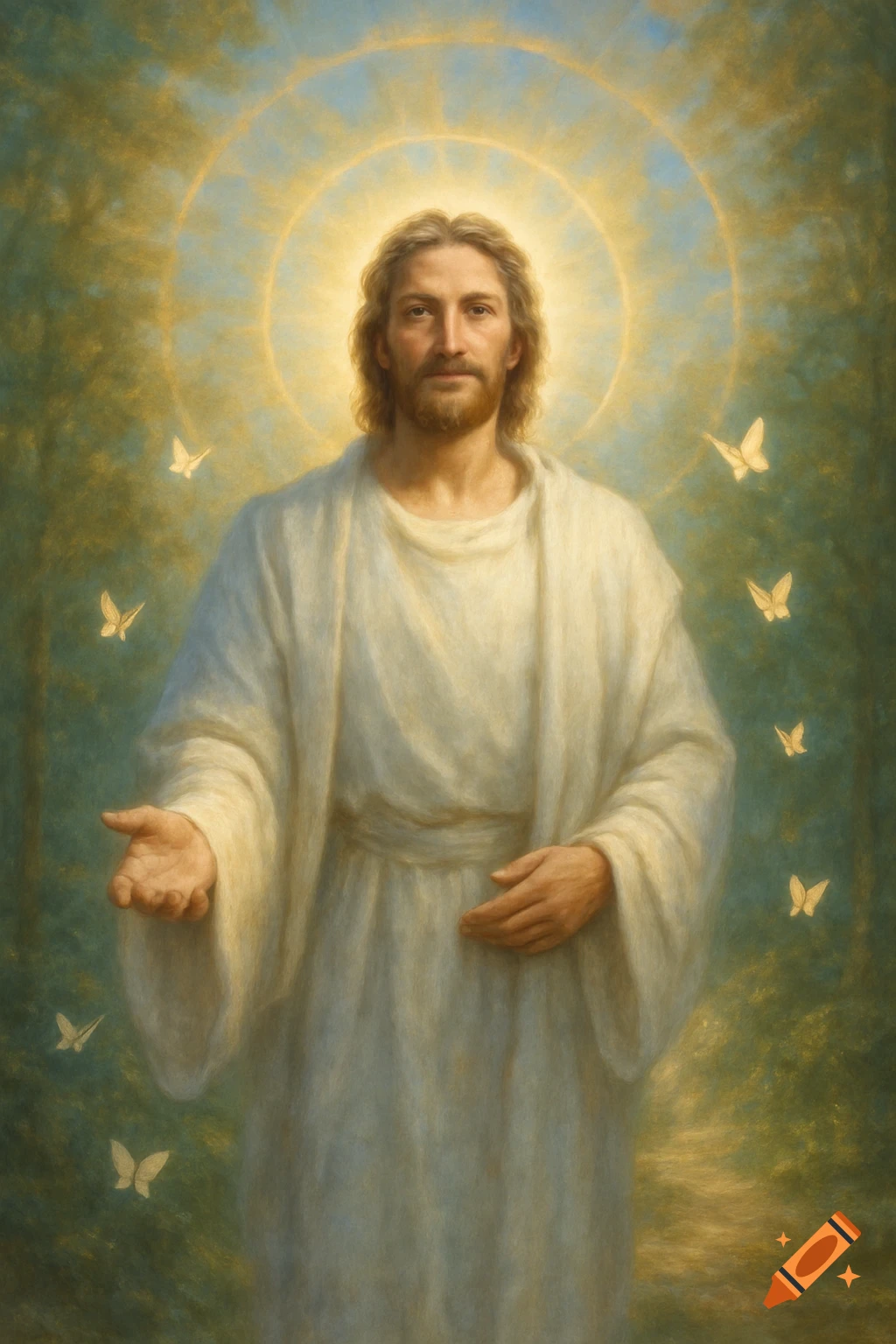 A radiant painting of Jesus Christ with long hair and a beard, wearing a white robe, extending a hand, surrounded by golden light and butterflies in a lush forest.