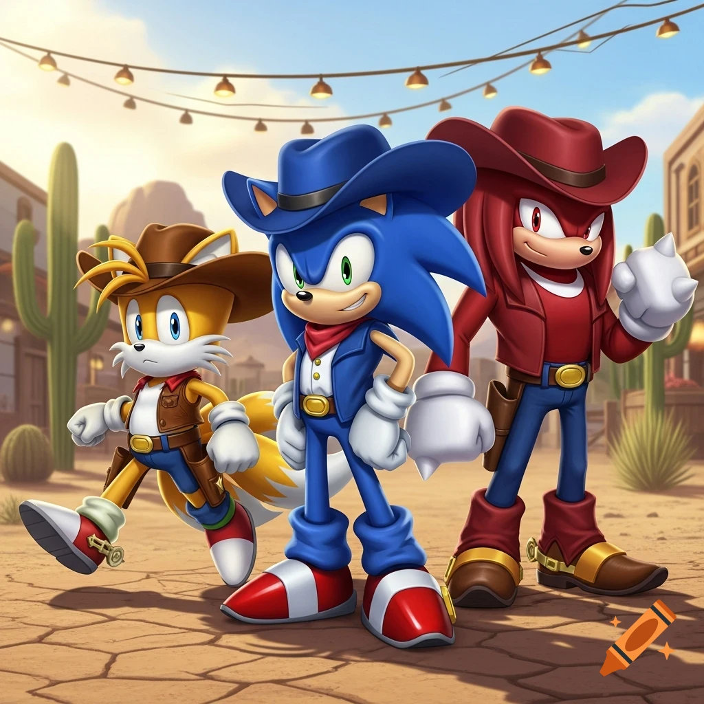Sonic, Tails, and Knuckles in cowboy hats and western suits stand in a dusty western town.