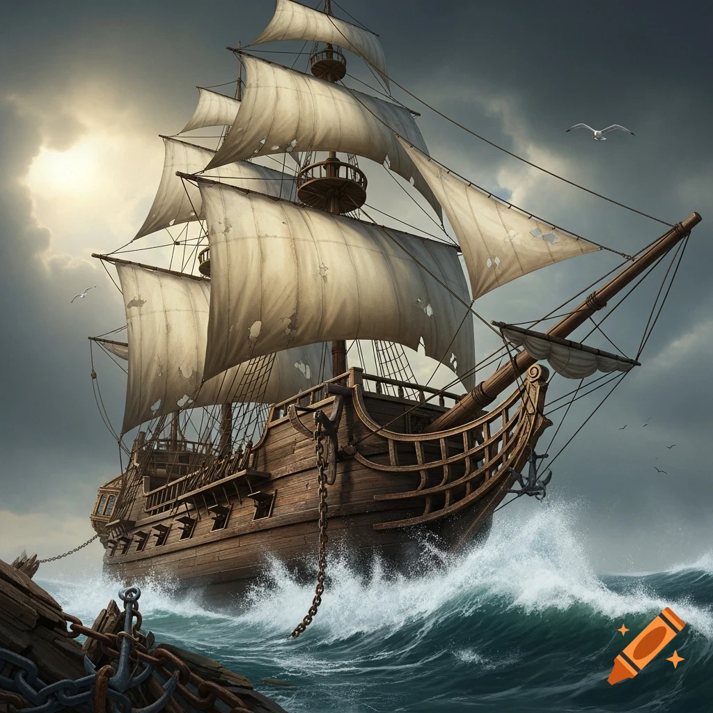 A weathered pirate ship with tattered sails navigates stormy seas under a dramatic, cloudy sky.