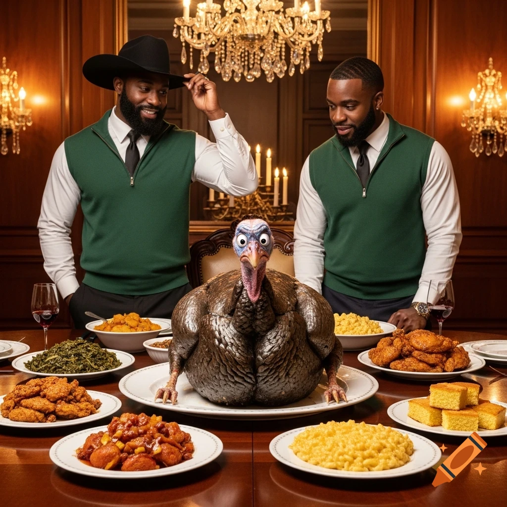 Two men, one in a cowboy hat, wear green sweaters and smile at a scared turkey on a lavish dinner table laden with soul food dishes in a fancy mansion.