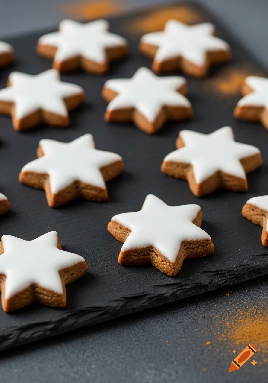 Close-up of numerous star-shaped cinnamon cookies with white icing on a dark slate surface, photorealistic.