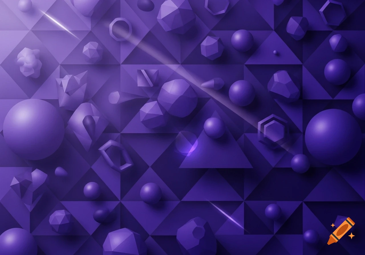 Abstract geometric shapes in shades of purple with a 3D, embossed effect on a triangular pattern.