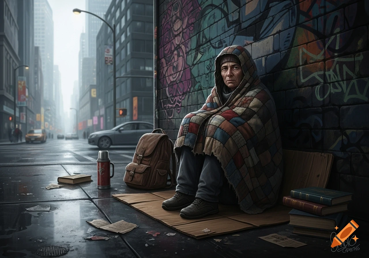 A photorealistic depiction of a homeless person wrapped in a patchwork blanket, sitting on cardboard on a rainy city street.