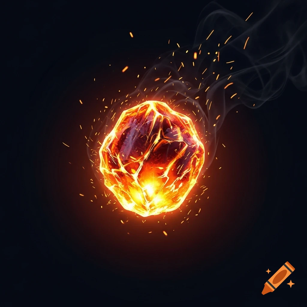 A vibrant, fractured ember glows with intense yellow and orange light, emitting sparks and wisps of smoke against a dark background.