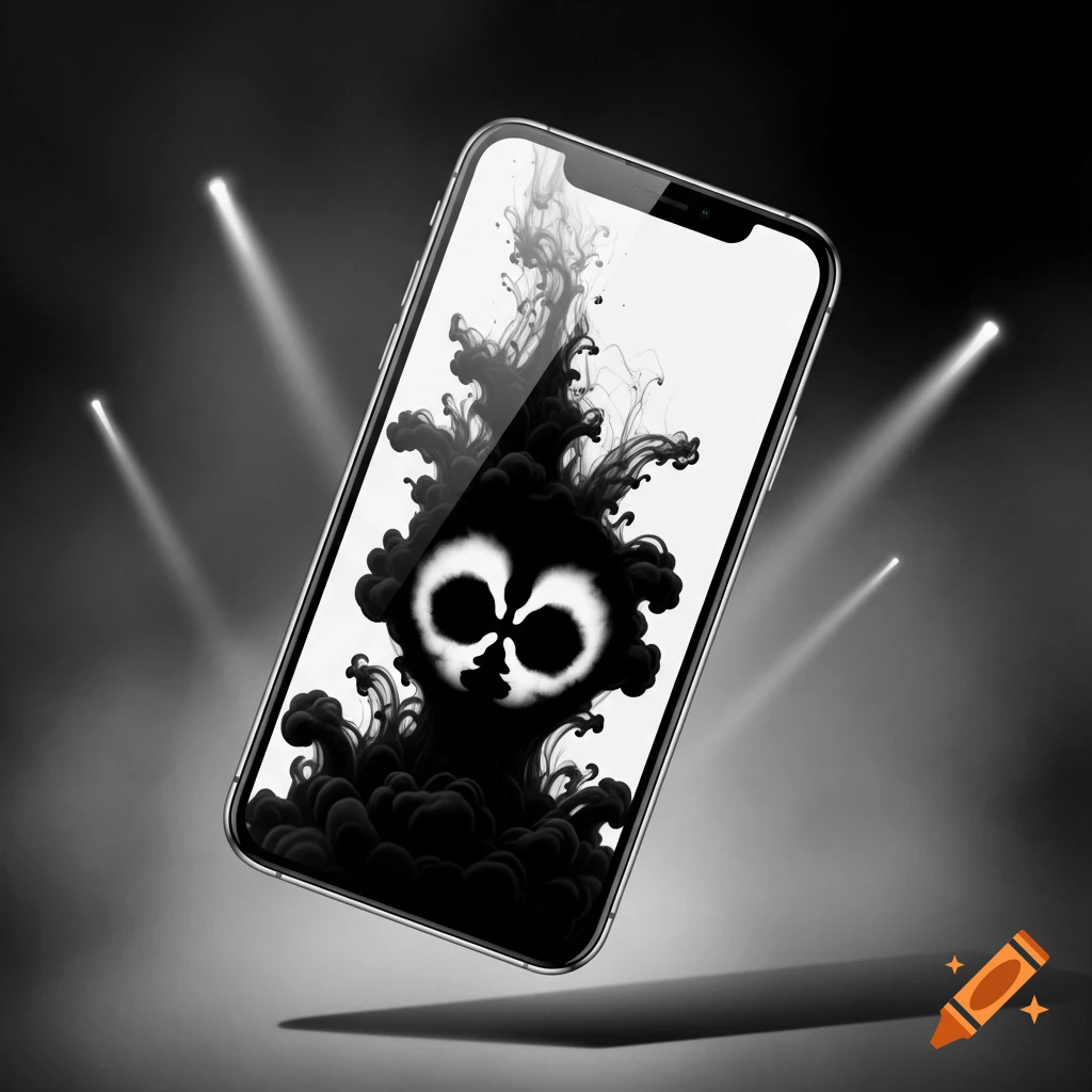 An iPhone showcasing a black ink explosion forming a skull-like shape on its screen, surrounded by spotlights in a grayscale setting.