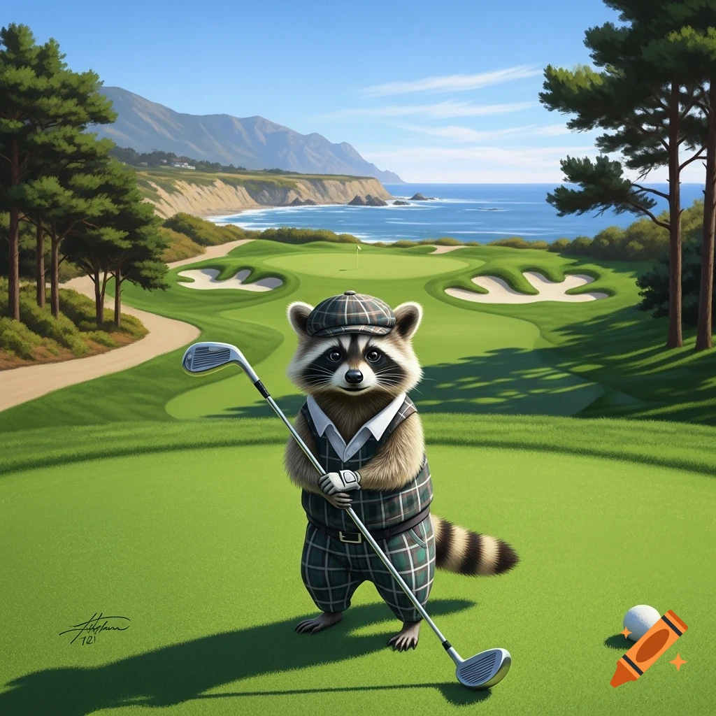 A cartoon raccoon in a plaid golf outfit holds a club on a scenic golf course overlooking the ocean.