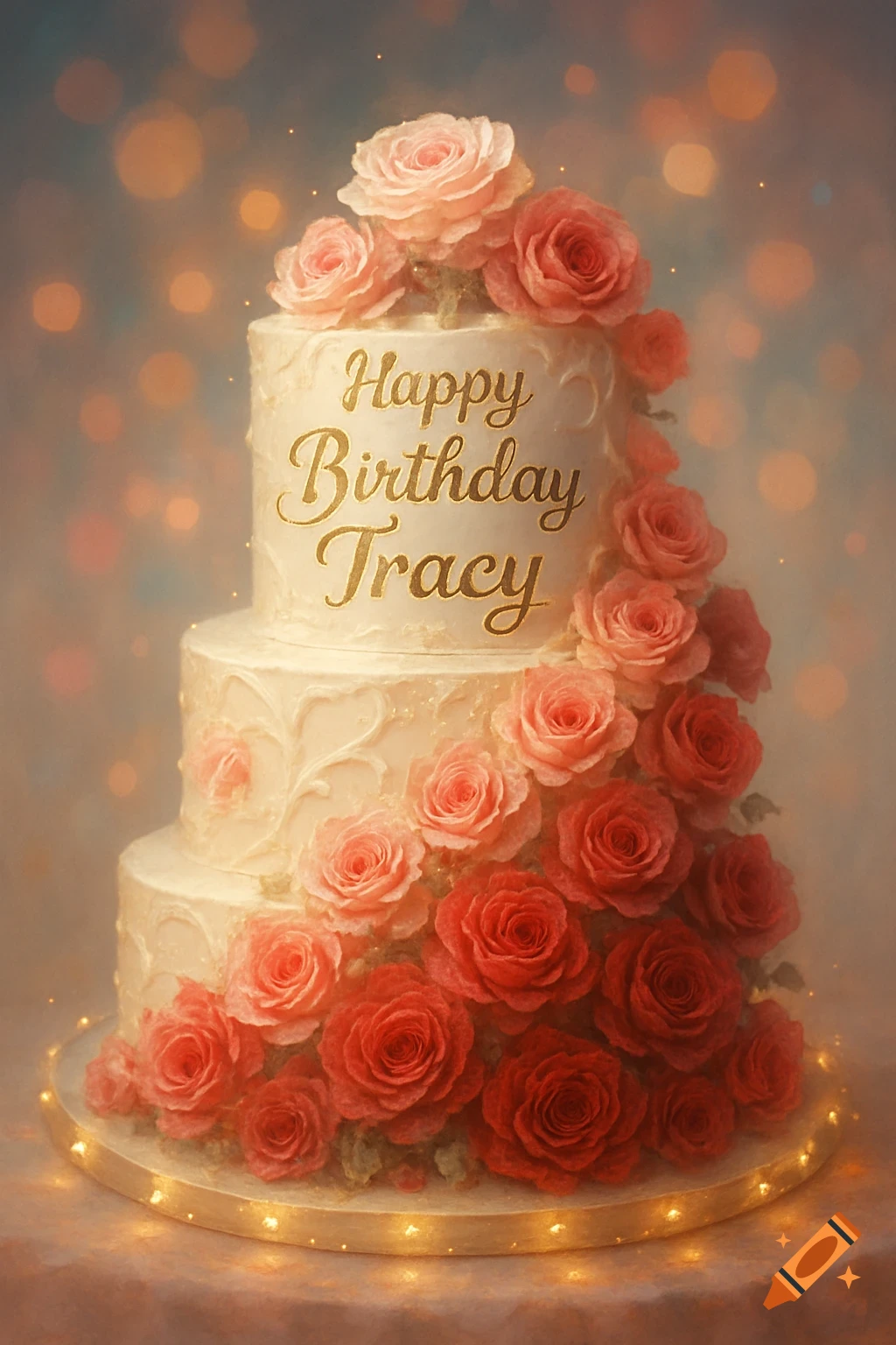 A beautiful three-tiered white birthday cake decorated with cascading pink and red roses, featuring 'Happy Birthday Tracy' in gold script. The background is a soft, blurry warm glow with bokeh lights.