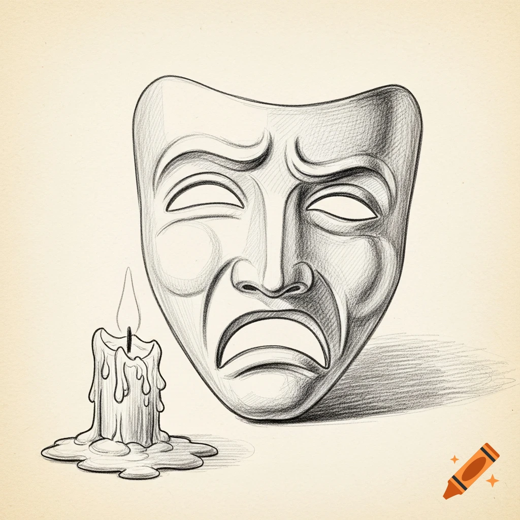 A black and white sketch of a sad theatre mask next to a melting candle.