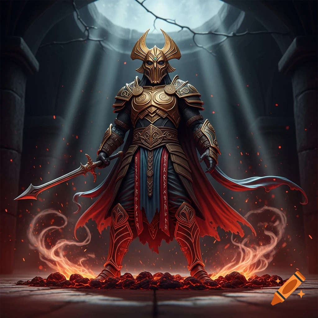 A full-body shot of a golden-armored fantasy warrior with a horned helmet and a sword, standing on embers in a dark, ancient ruin.