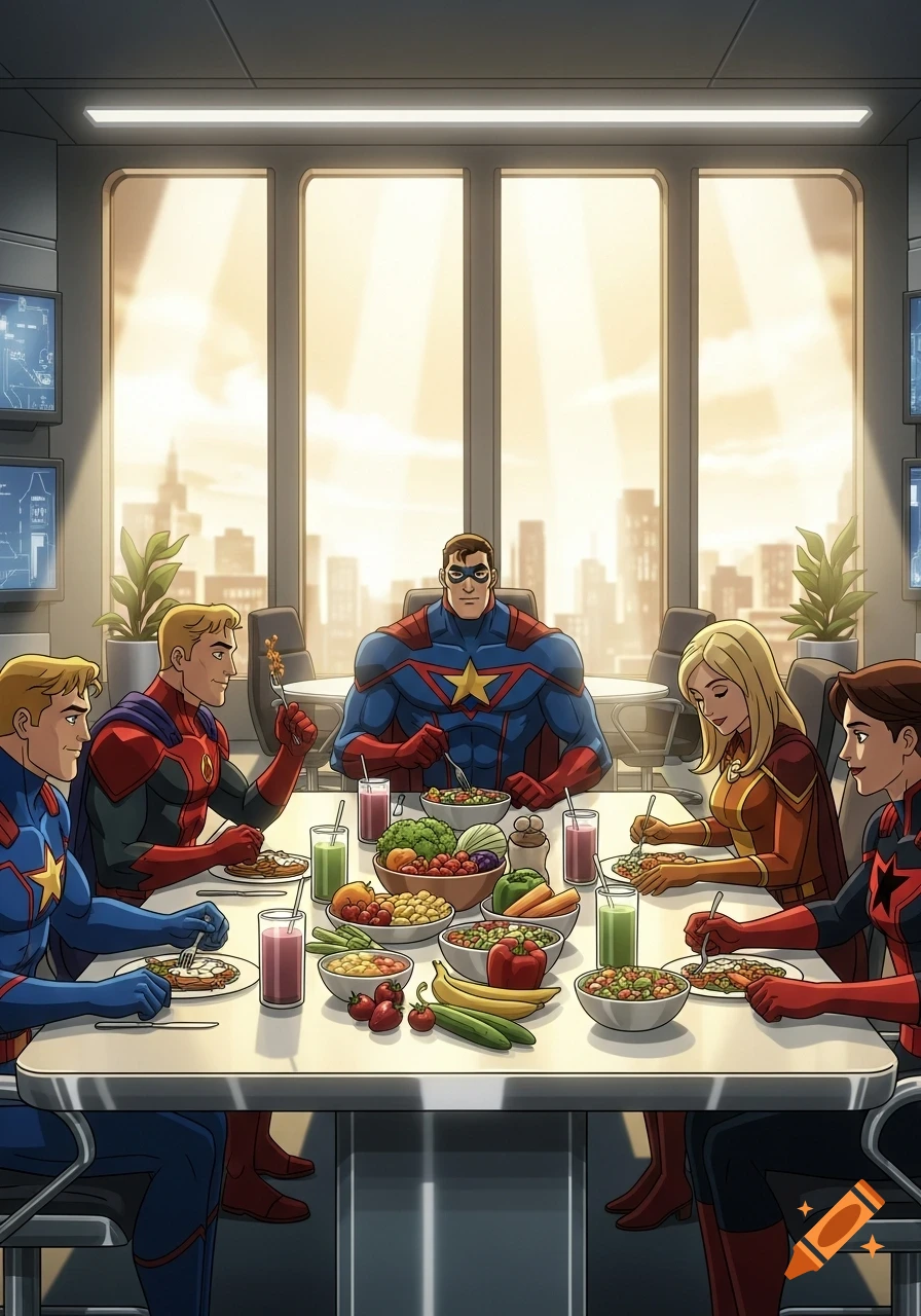 Comic book superheroes eat a healthy meal together at a long table in a modern office with large windows overlooking a city.