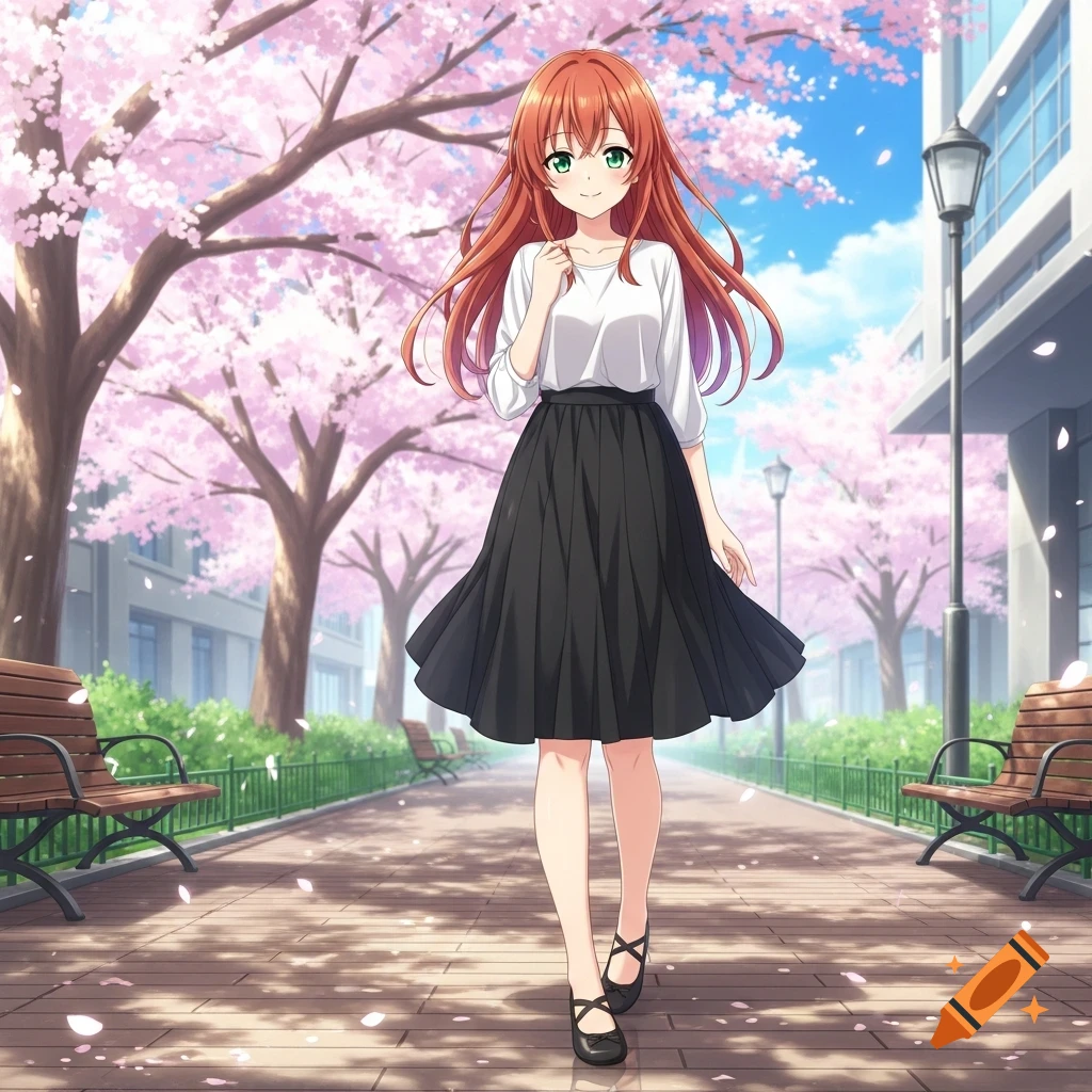 An anime girl with ginger hair, white top, black skirt, and ballet flats walks in a park lined with cherry blossom trees.