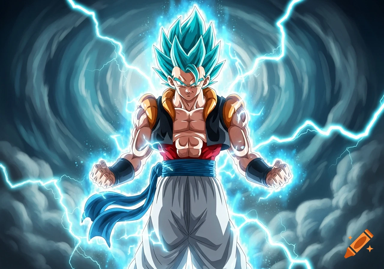 Gogeta Blue, a powerful anime character with spiky blue hair, stands amidst swirling blue energy and lightning.