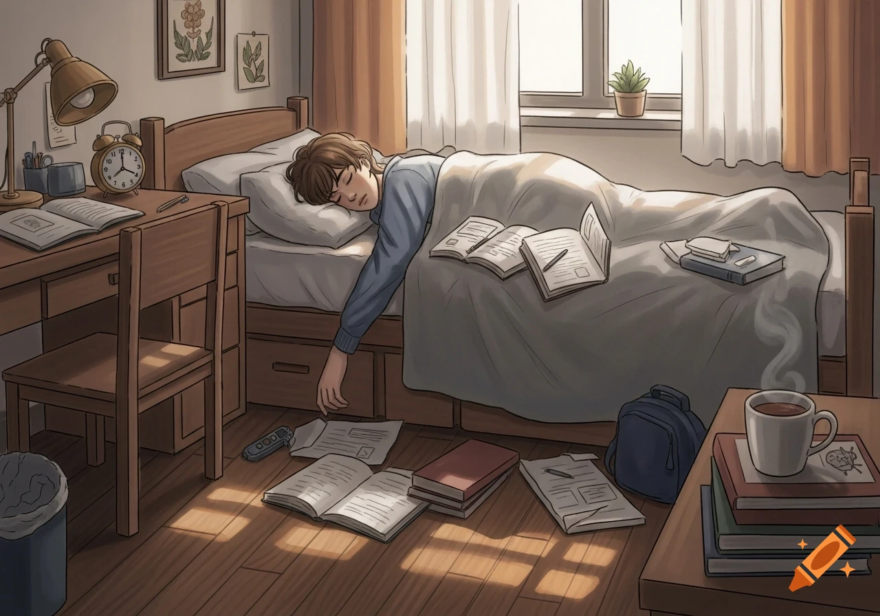 An anime-style illustration shows a student asleep in bed surrounded by books and papers in a sunlit bedroom.