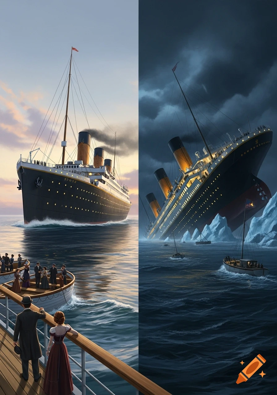 A diptych showing the Titanic sailing on calm waters and then sinking in stormy seas with lifeboats.
