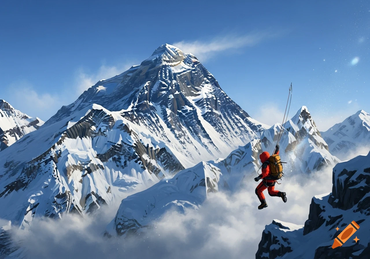 Illustrative image of a person in red rappelling a snowy cliff, with Mount Everest towering behind and clouds below.