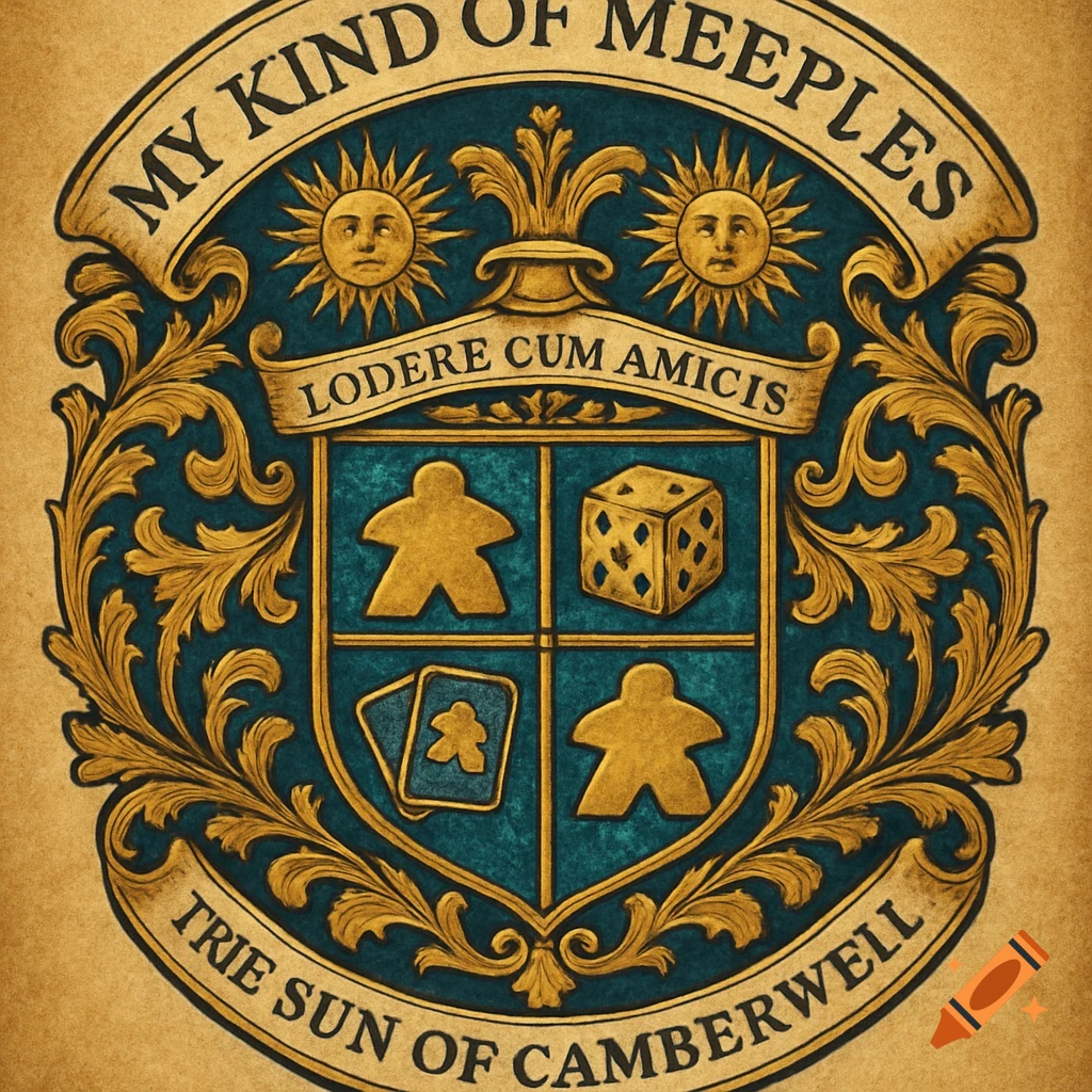 Vintage-style heraldic crest with golden meeples, a dice, and playing cards on a teal shield, surrounded by text.