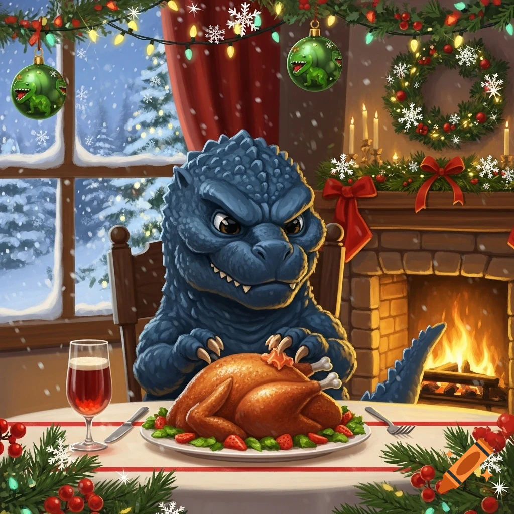 A cute, cartoon Godzilla sits at a Christmas-decorated table, about to feast on a roasted turkey, with a fireplace and snowy window in the background.
