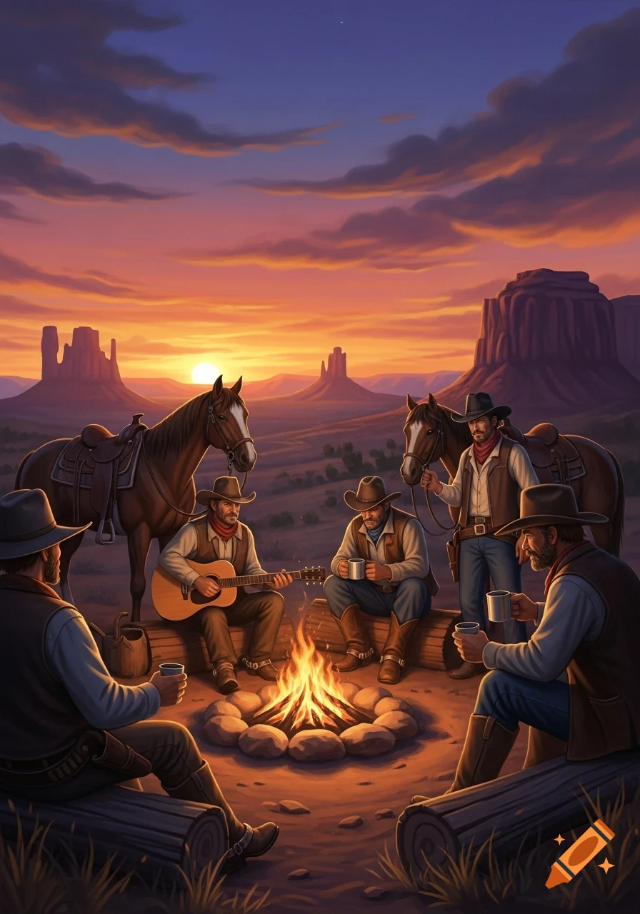 Cowboys sit around a campfire, one playing guitar, at sunset in a rugged Western desert landscape with mesas.