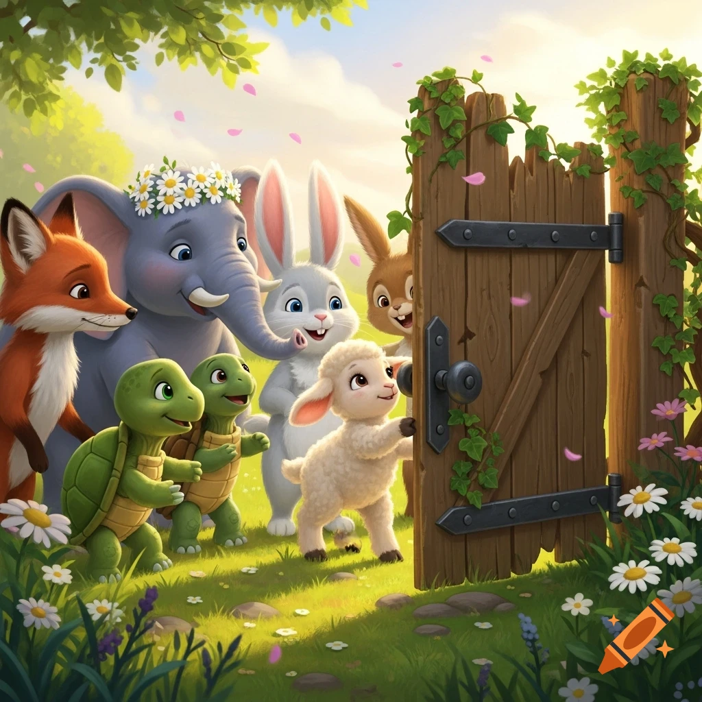 A group of cheerful cartoon animals, including a lamb, bunny, fox ...