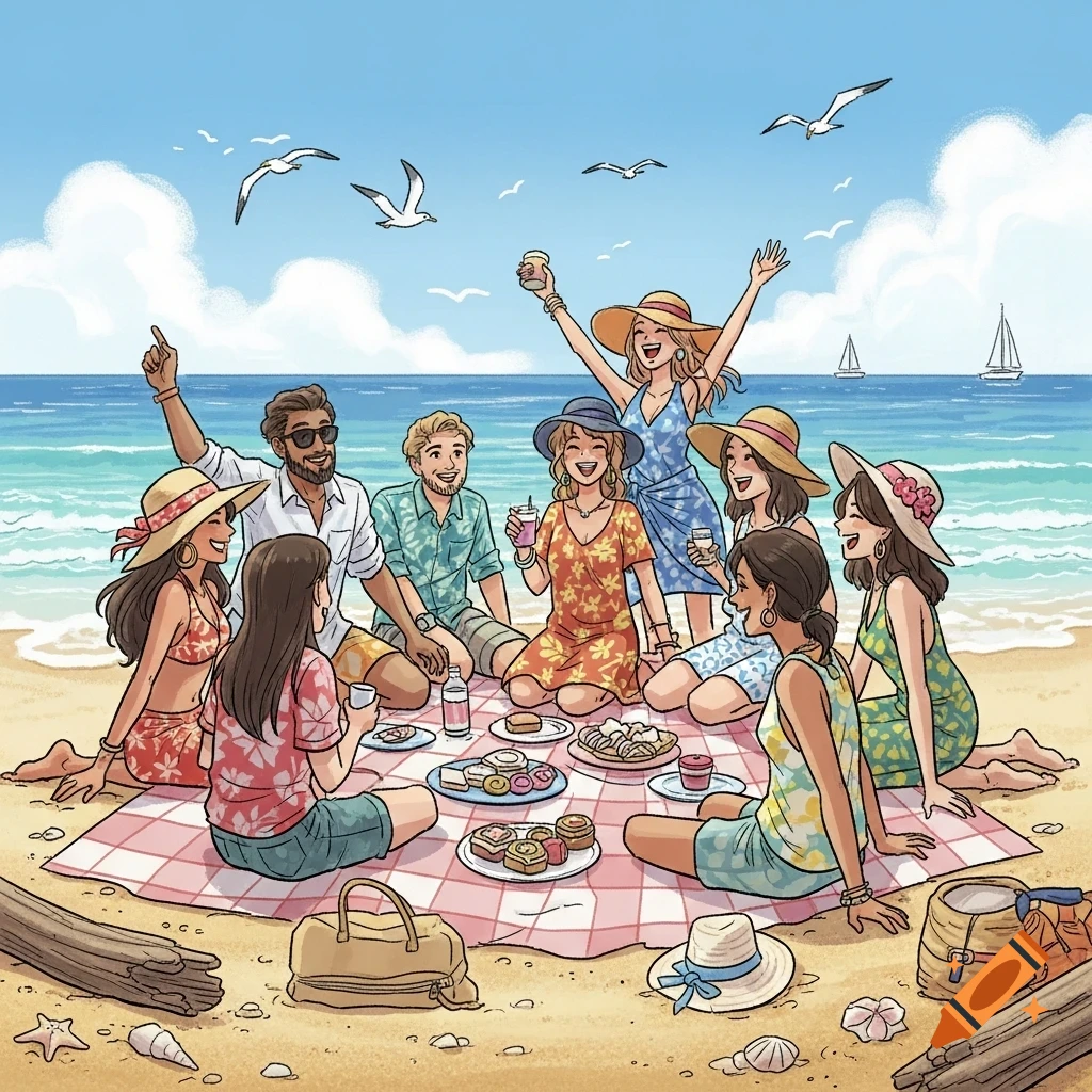 An illustration of a diverse group of friends having a picnic on a sunny beach near the ocean.